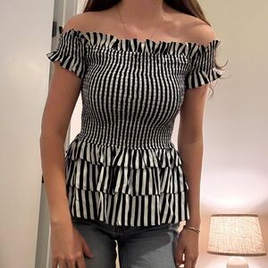 Caroline Constas Navy and White Ruffle Blouse NWT